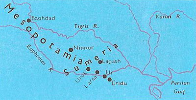 Map showing the position of the larger Sumerian cities