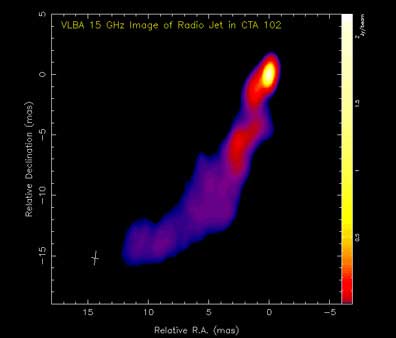 VLBA image of the jet from quasar CTA 102 in Pegasus showing a bright outburst.