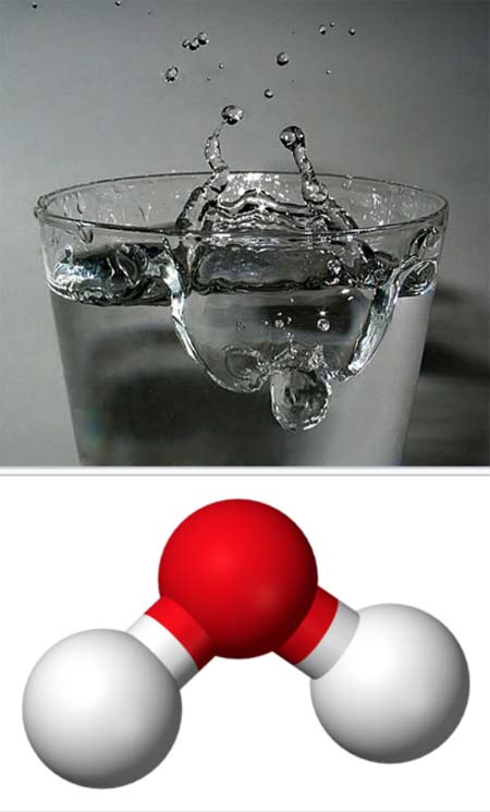 Pure water is an example of a chemical compound. The ball-and-stick model of the molecule shows the spatial association of two parts hydrogen (white) and one part(s) oxygen (red).