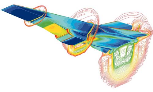 Computational fluid dynamics (CFD) image of the Hyper-X vehicle at a Mach 7 test condition with the engine operating. Credit: NASA.