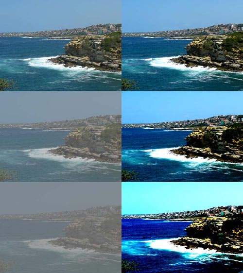 The amount of contrast in six versions of a rocky shore photo increases clockwise.