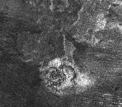 Doom Mons, a suspected cryovolcano on Saturn's moon Titan. Cassini image, 2007.