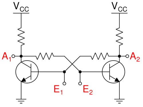 A traditional (simple) flip-flop circuit based on bipolar junction transistors.