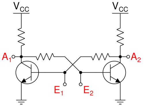 A traditional (simple) flip-flop circuit based on bipolar junction transistors.