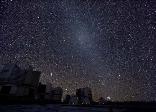 The gegenschein appears in this image as a bright spot on the diagonal band (running top left to lower right) above the Very Large Telescope.
