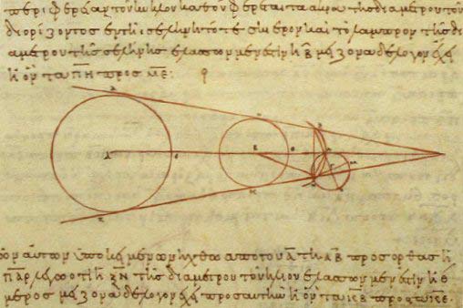 Aristarchus's 3rd-century BC calculations on the relative sizes of (from left) the Sun, Earth and Moon, from a 10th-century Greek copy
