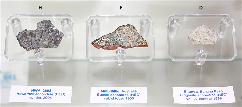 An example of (from left to right) a howardite, eucrite and diogenite meteorite: the H-E-D in the HED meteorites group.
