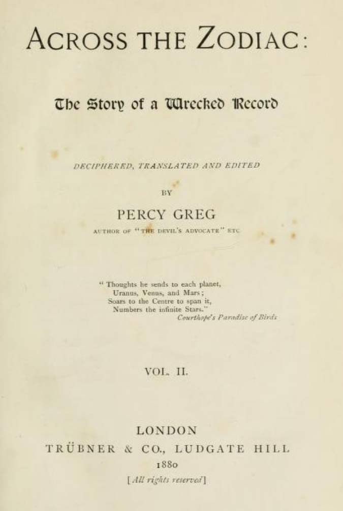 The title page of the first edition of Percy Greg's novel <em>Across the Zodiac</em> (1880).