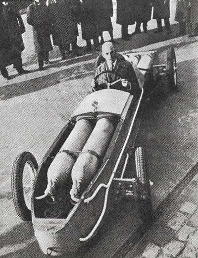 Valier became interested in rocket cars as a means of publicizing the capabilities of the rocket. He is shown here in his liquid-propellant rocket car.