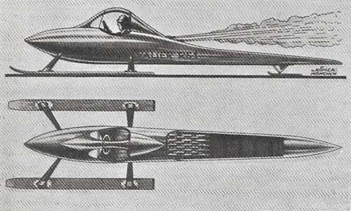Valier's rocket sled, RS-1. glided along the snow on pontoons. In tests on 22 January 1929 it reached 65 mph.