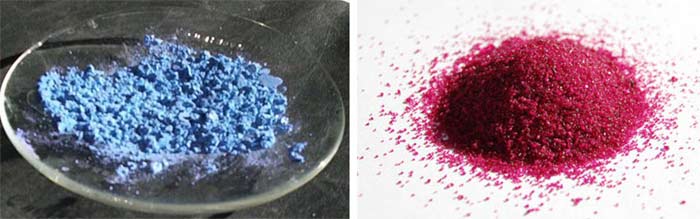 Anhydrous cobalt (II) chloride (blue) and Cobalt (II) chloride hexahydrate (pink).