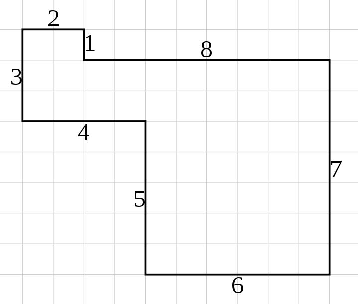 The smallest golygon has 8-sides. It is the only solution with fewer than 16 sides. It contains two concave corners, and fits on an 8 × 10 grid.