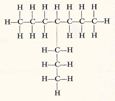 A hydrocarbon with a branching chain. The substance shown here has properties that are slightly different from those of the single-chain substqnce with the same number of carbon and hydrogen atoms.