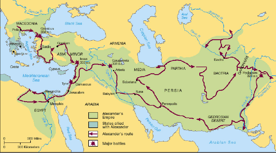 Map of Alexander's journey through the Persian Empire to India and back