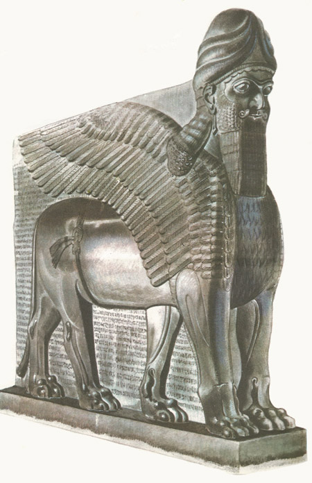 An Assyrian carving of a winged beast