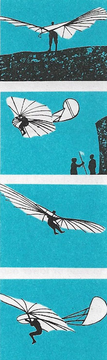 Various phases of the flight of the first man-carrying glider constructed by the German Otto Lilienthal