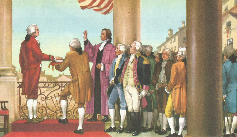 George Washington being sworn-in on the balcony of the Federal Hall of New York on 30th April 1789