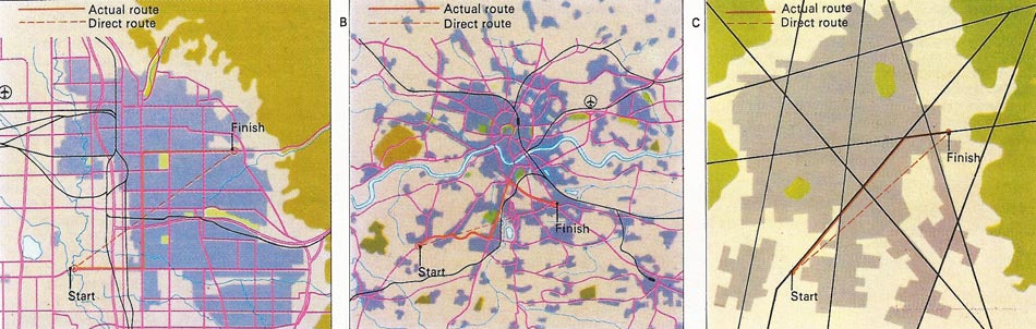 Is the rational grid layout of Salt Lake City [A] more efficient than the rambling European city of Cracow [B]?