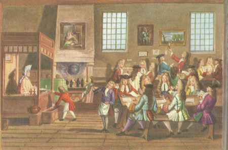 A typical coffee-house in London at the end of the seventeenth century. Coffee-houses were very popular centers for political discussions. Newspapers and pamphlets were distributed there or pinned up for all to read.