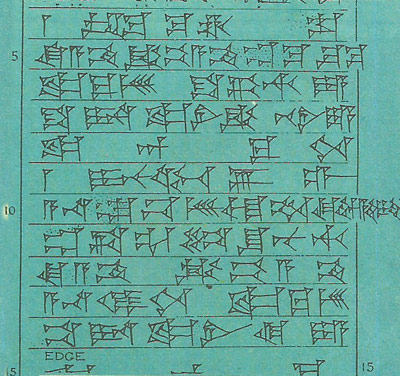 The wedge-shaped or cuneiform writing used in the age of Hammurabi