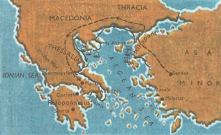 The land and sea routes followed by the Persians in the Second Persian War