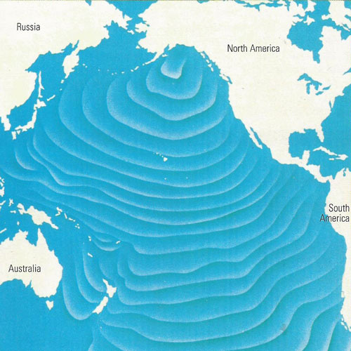 Map showing the hourly progression of a tsunami that originated just south of Alaska