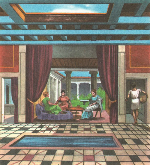 Inside a wealthy Roman's house; from the atrium with its impluvium we can see the tablinum and peristylium