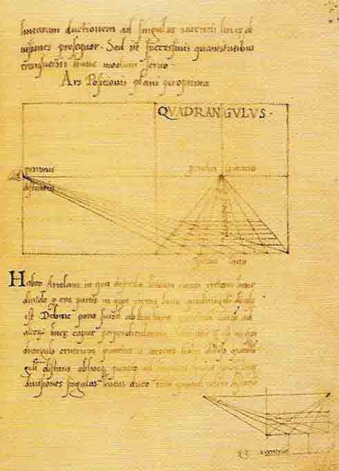 An lllustration and accompanying description from On Paining (1435) by Leon Battista Alberti, demonstarting his technique for creating perspective in an artwork.