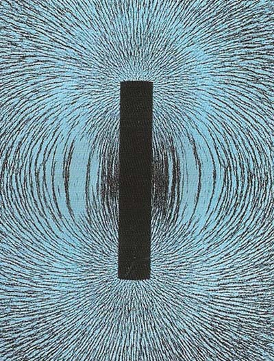 Metal filings form a magnetic field pattern around either pole of a magnet. Magnetic fields force moving electrically charged particles in a circular or helical path