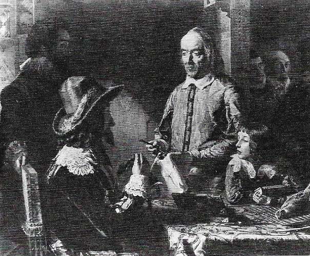 Harvey is shown in Hannah's painting demonstrating the principle to Charles I