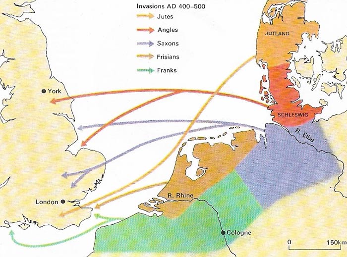 The 5th century invasions came from the far coasts of the North Sea.