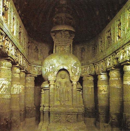 In the famous Ajanta caves every detail was cut from solid rock that forms part of a hillside.
