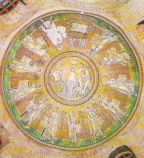 Theoderic, having established the capital of his Italian kingdom at Ravenna, built an Arian cathedral and baptistery. The mosaics on the baptistery show the formalised presentation of the Baptism of Christ with the Apostles moving toward an altar-throne