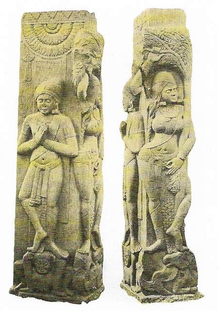 The figures of tree-spirits on this 1st-century BC railing pillar from Bharut have a low relief and more formalised design than some of the later representations of tree-spirits.