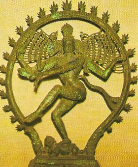 One of the most striking forms of the gos Shiva is that of the four-armed Nataraja, dancing on top of a demon and surrounded by a halo with flames destroying the world at the end of an aeon. This is one of the finest bronzes of the Chola period