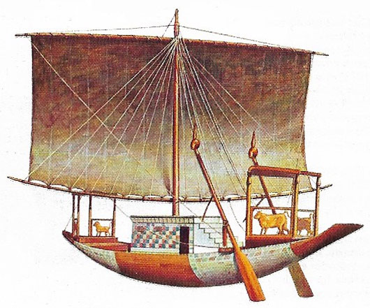 Egyptian ships of c. 1300 BC had a square sail and were steered by oars. The hull shape derived from reed boats.