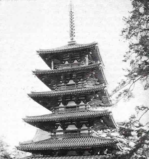 The Horyuji temple, Nara, is a seventh-century five-storied pagoda similar in design to wooden pagodas of the T'ang dynasty in China.