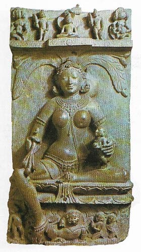 Orissa produced a characteristic local sculptural style, shared by all sects. It is illustrated by this 11th-century Jain figure of the mother-goddess Ambika that continues early traditions.