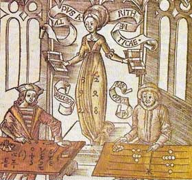 Pythagoras (right), using an abacus, seems to be competing against Boethius (475-524 ) (left),who is using Arabic numerals.