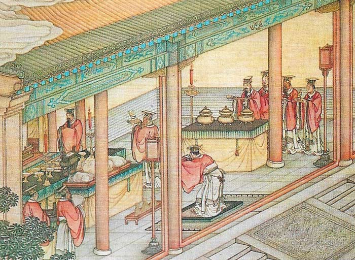 The offering of sacrifice and praising of the king for his laws is pictured in this illustration from the Shih Ching, a Confucian classic.