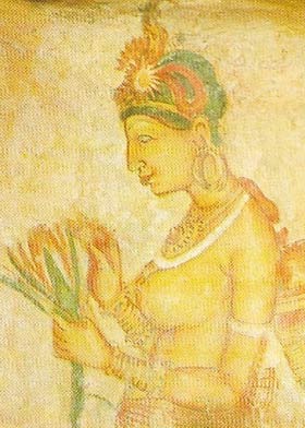 Frescoes depicting beautiful maidens are painted on the side of a huge rock at Sigiriya, Sri Lanka.