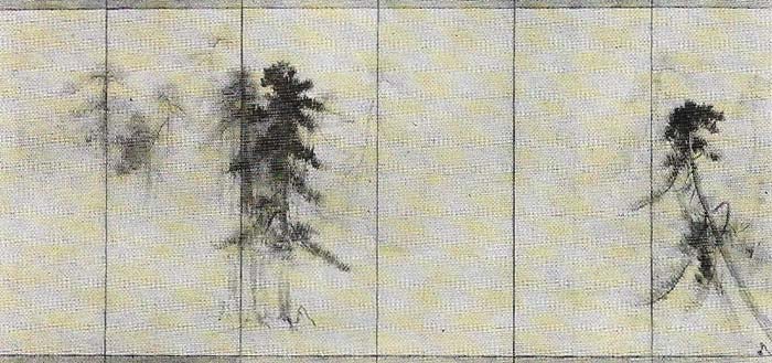 A screen of pine trees in a most is one of a pair by Tohaku (1539-1610).