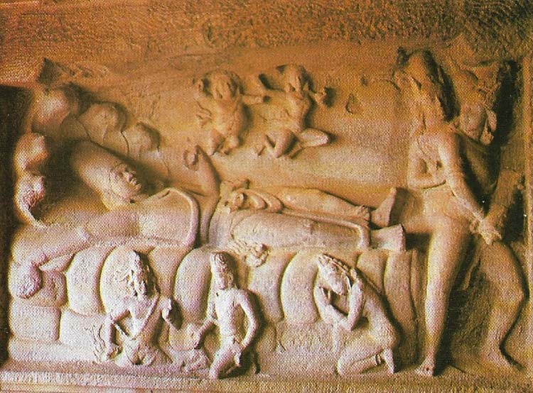 Vishnu represented during his cosmic sleep on the coils of the seven- headed Naga.