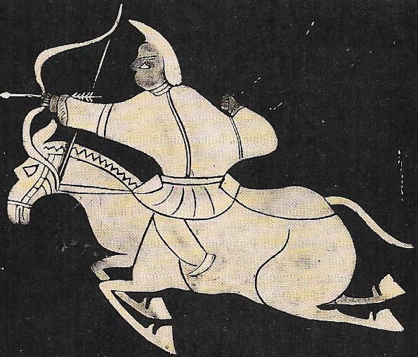 A rubbing from a Han stone relief shows a mounted barbarian archer at full gallop.