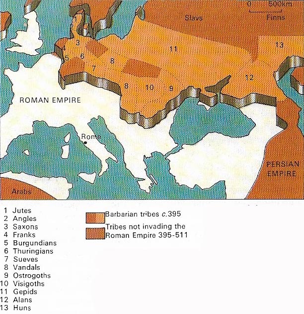 The positions of the barbarian tribes to the east of the Roman frontier along the Rhine and Danube rivers changed constantly.