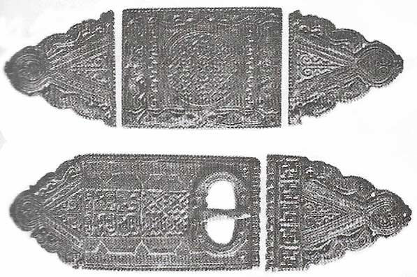 This bronze gilt belt-set was found in a grave in Mucking, Essex.