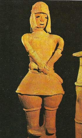 A haniwa is a hollow pottery figure, designed to house a spirit, which was often placed on the burial mounds of clan leaders and members of the imperial family.