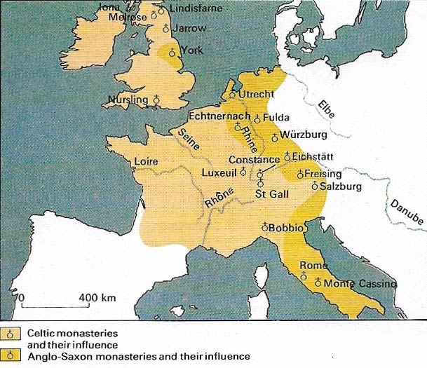 Many European monasteries were founded by missionaries from Ireland where Christianity and classical learning had been preserved. Others were founded by their Anglo-Saxon converts.