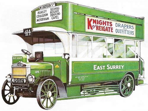 This type of bus, the AEC PS-type, was developed after the end of World War I from the London GeneralOmnibus Company K-series.