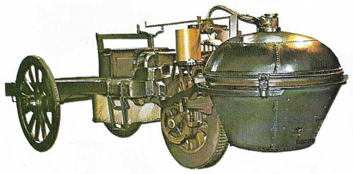 The first self-propelled road vehicle, built in 1769, was a tiller-steered, two-cylinder, steam-powered tractor.